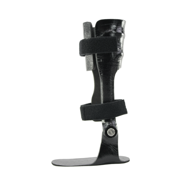 Medial view of articulated carbon fiber AFO with straps